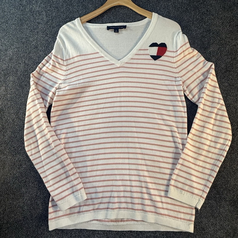 Tommy Hilfiger Classic White and Pink V-Neck Sweater Size M Preppy Heart Knit